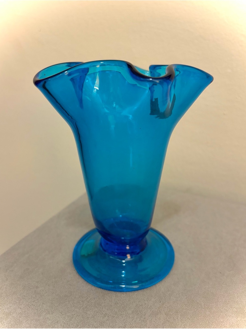 Italian Hand Blown Art Glass Handkerchief Ruffle Rim Aqua Peacock Vintage 5”